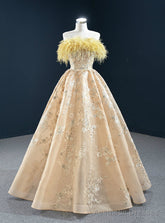 You Are Sure To Find The Perfect Champagne Tulle Embrodiery Strapless Feather Prom Dress